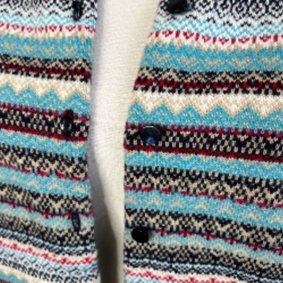 Talbots Fair Isle Stripe Knit Cardigan Sweater Blue Red Nylon Lambswool Buttons - Picture 11 of 11